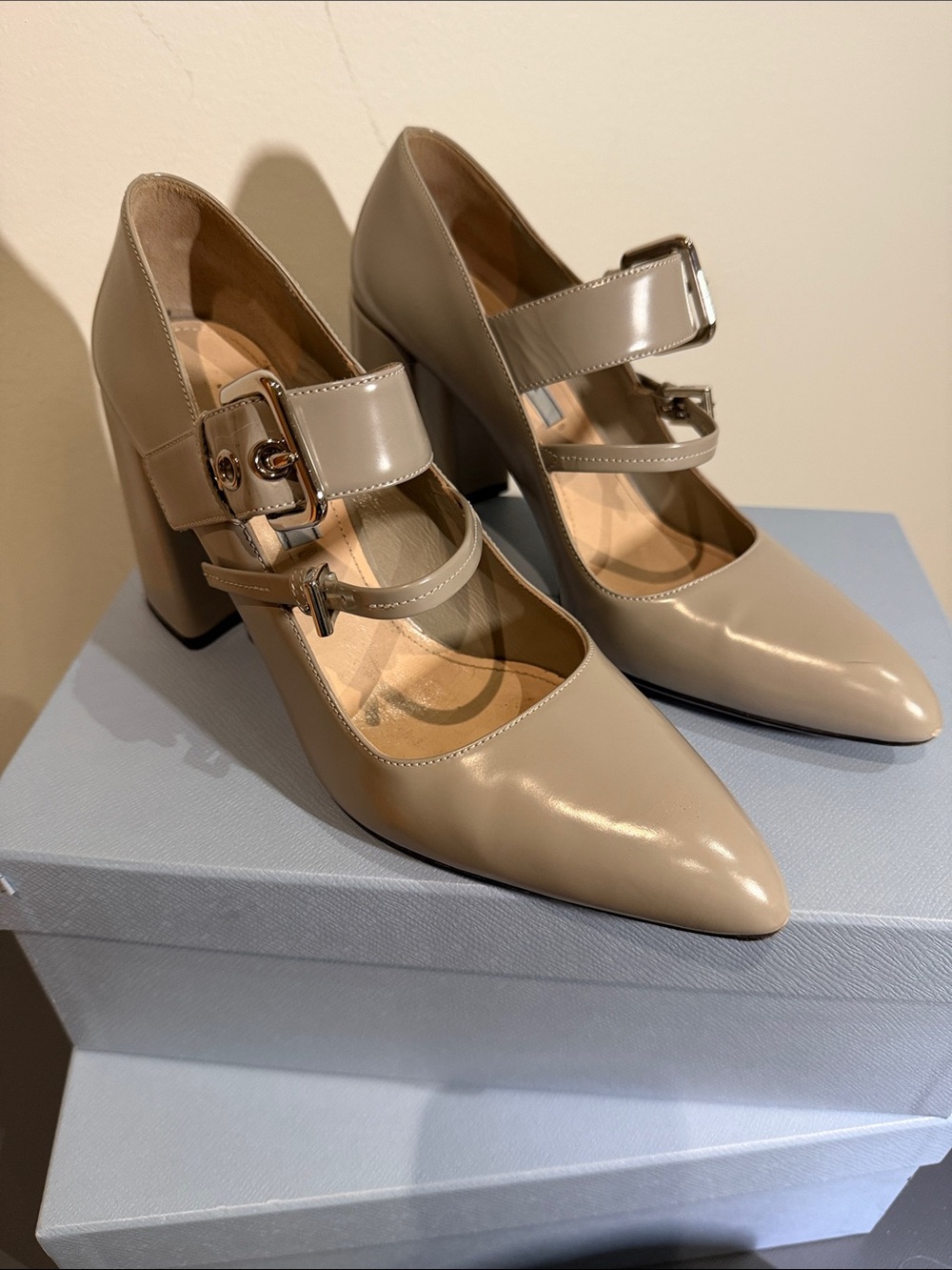 Prada Classic Pointed Toe Mary Jane Pumps in Grey